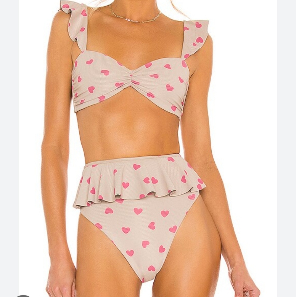 Pink Heart Print Ruffle Two-Piece Bikini Set